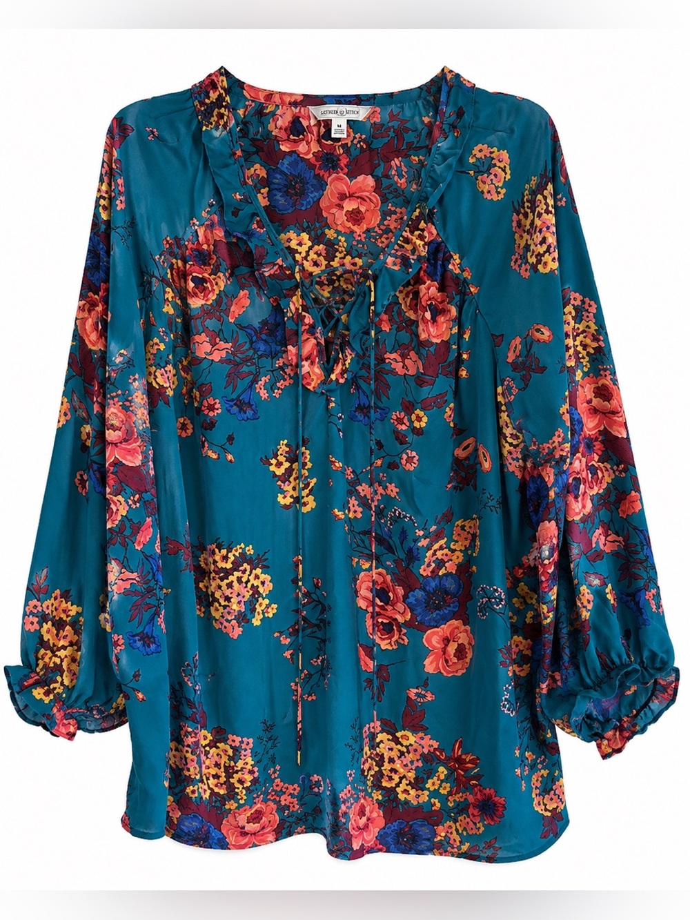 Teal Floral Lace Up Boho Blouse XXL Plus Size Spring Top Long Sleeve NWOT